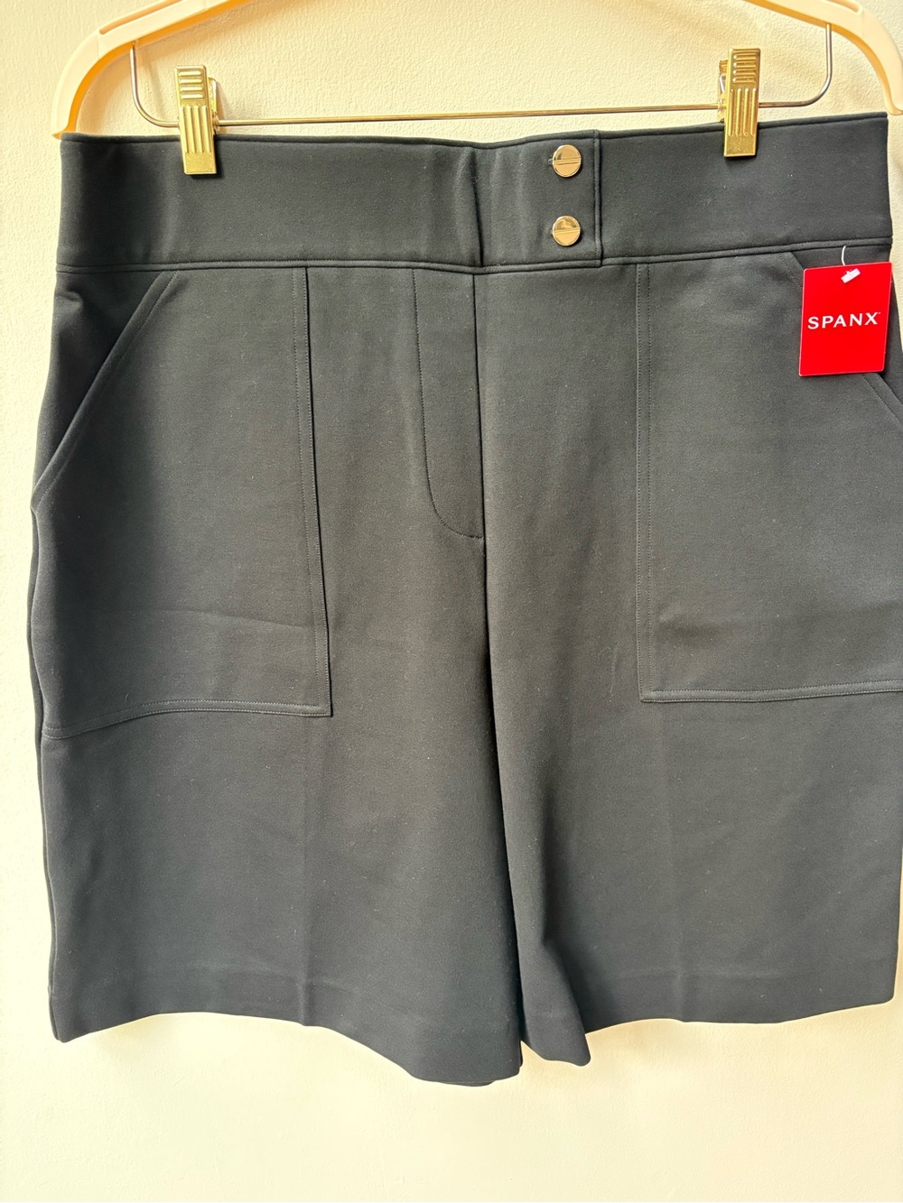 SPANX Black Pull-On High-Rise Bermuda Shorts with Gold Buttons